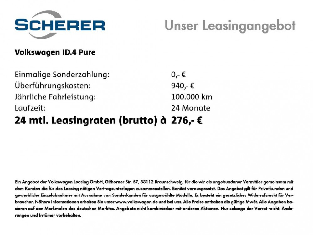Volkswagen ID.4 Pure  276 € Leasingrate bei 940 € Anzahlung 0/1
